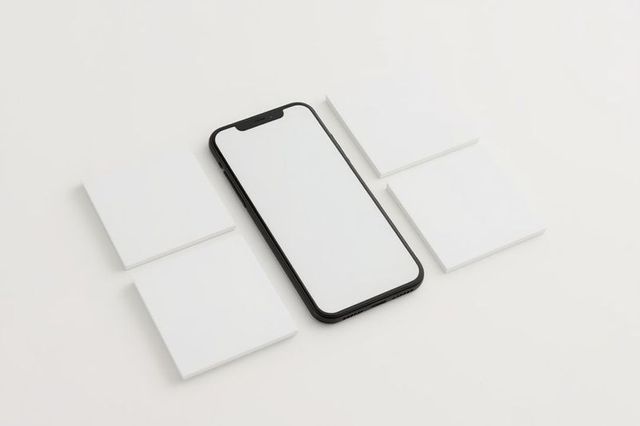 Black-Framed Smartphone with White Cards on White Background