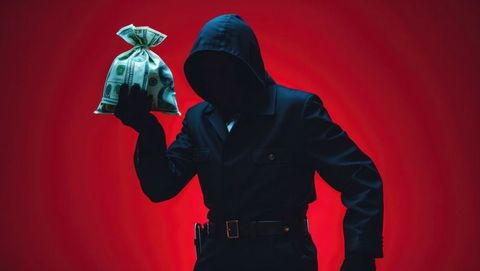 Mysterious bank robber holding money bag on red background