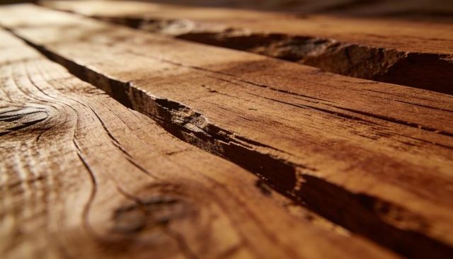 Weathered hardwood planks with deep crack, knots and warm grain closeup texture