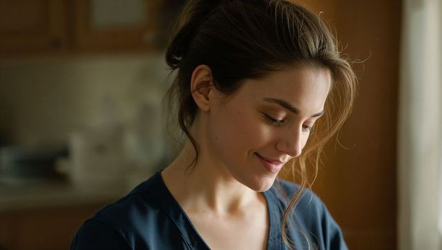Smiling woman looking down in cozy kitchen, intimate portrait with soft warm light