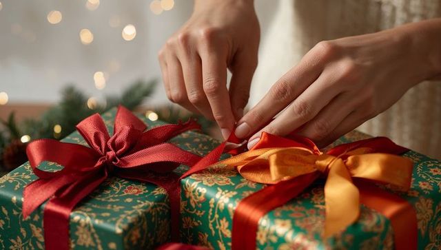 Hands tying festive satin ribbons on green and gold patterned gift boxes with bows for holiday