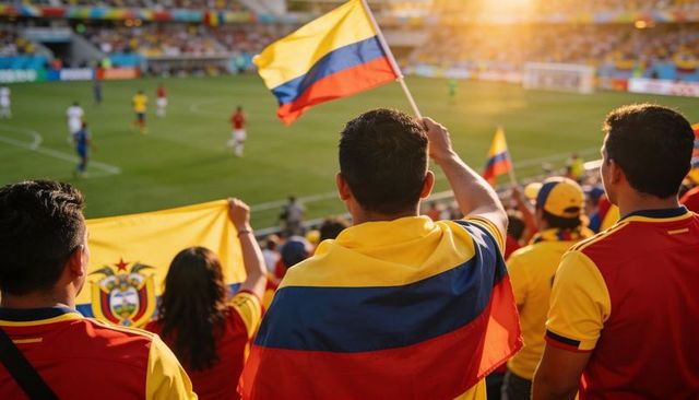 Colombian fans cheering with tricolor flags and scarves in stadium during match