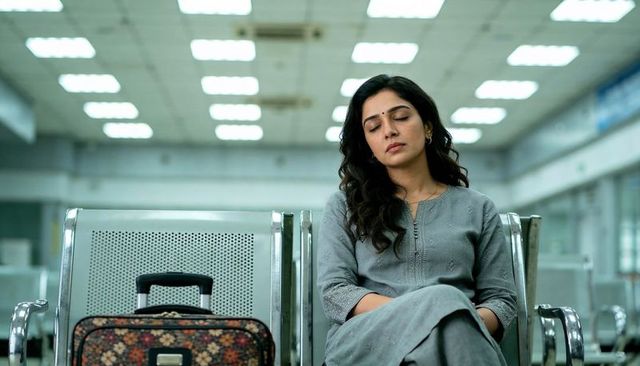 Calm traveler resting in airport terminal with floral rolling suitcase