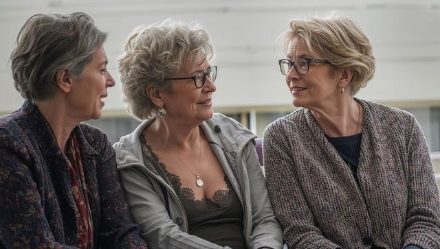 Three senior women chatting and laughing in cozy lounge, friendship and companionship