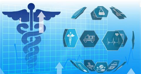 Spherical Rotation of Medical Icons Around Caduceus Symbol
