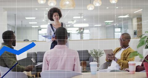 Diverse Team Meeting with Digital Data Overlay in Modern Office - Download Free Stock Images Pikwizard.com