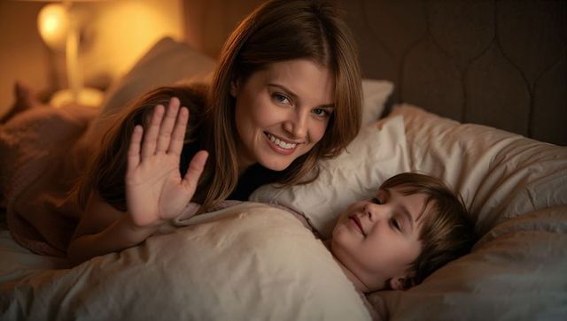 Mother Waving Goodnight to Young Son Tucked in Bed