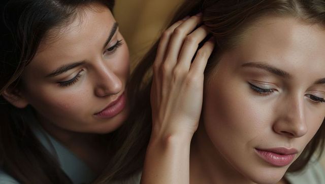 Intimate tenderness between two women sharing soft touch, warm glow, quiet connection