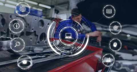 Auto technician leaning over engine inspecting with digital hud diagnostics overlay in workshop