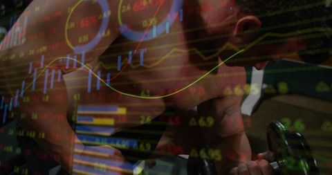 Athlete lifting dumbbell on bench with stock market chart overlay blending fitness and finance