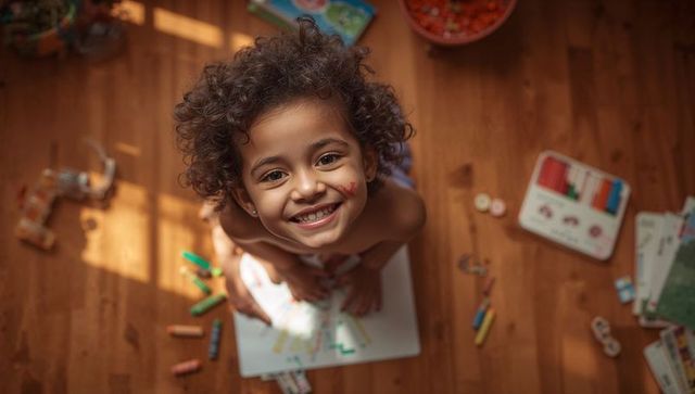 Overhead smiling shirtless child drawing on wooden floor surrounded by crayons and sunlight