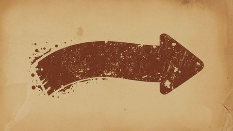 Grunge brown curved arrow on aged parchment background