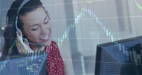 Smiling Businesswoman Discussing Virtual Financial Data