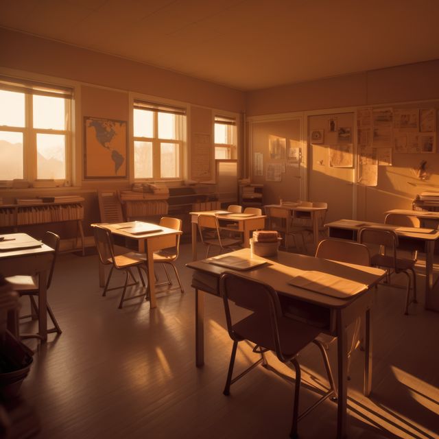 Interiors of classroom with windows, created using generative ai technology. Classroom, school and learning concept digitally generated image.