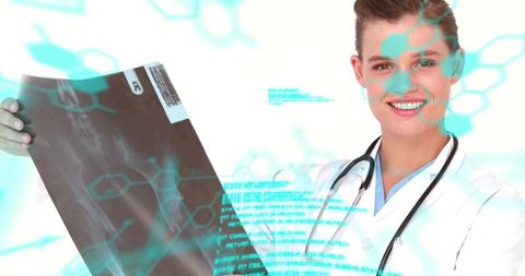 Doctor analyzing x-ray with futuristic diagnostics and molecular holograms