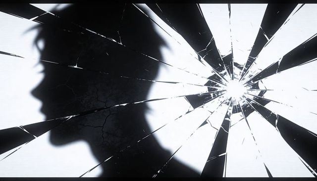Female silhouette with shattered glass backlight, high-contrast monochrome profile, abstract