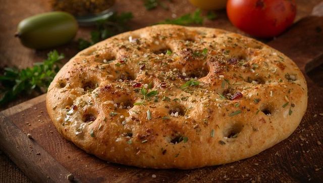 Golden herb focaccia glazing with olive oil and sea salt on rustic wooden board