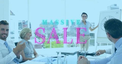 Team presenting sales campaign with neon massive sale overlay in modern city office