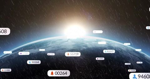 Digital data stream flowing across sunrise earth horizon