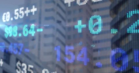 Stock Market Data Hologram in Modern Financial District