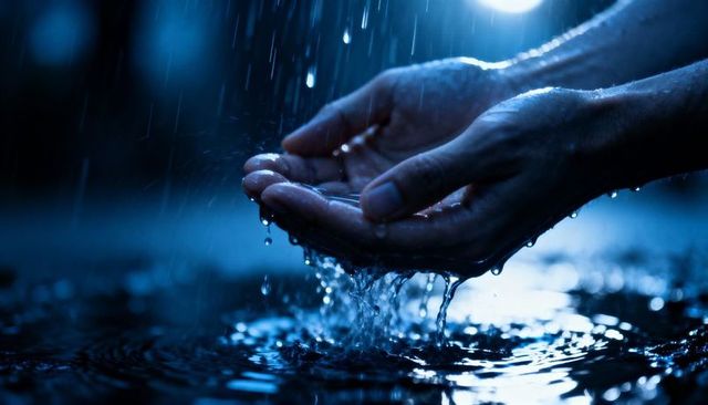 Cupped Hands Catching Rain at Night Under Moonlit Blue Glow, Water Droplets and Puddle Ripples