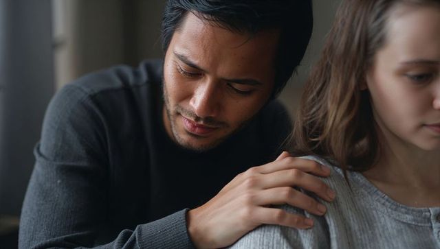 Couple sharing quiet emotional moment on couch, comforting touch and soft natural light