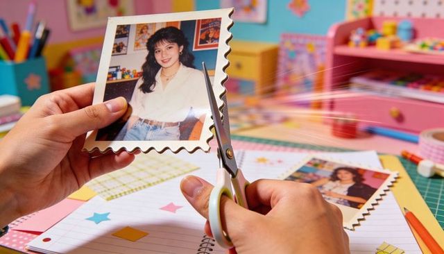 Hands trimming scalloped vintage portrait for pastel scrapbook and diy memory crafting