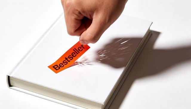 Pulling bestseller sticker off minimalist white hardcover book, hand removing label