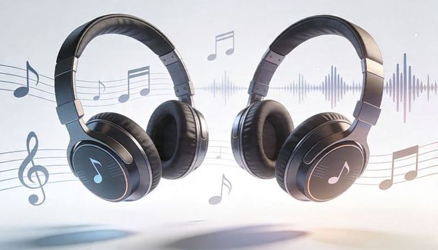 Floating wireless over-ear headphones surrounded by musical notes and soundwave graphic