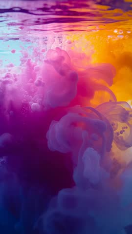 Vertical video showing magenta ink billowing and mixing in water creating orange-blue gradient