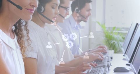 Call Center Team at Work with Interfaces Overlay - Download Free Stock Images Pikwizard.com