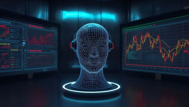 Futuristic wireframe head in high-tech control room with data charts