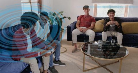 Friends playing console games with hud overlay in living room during casual gaming night