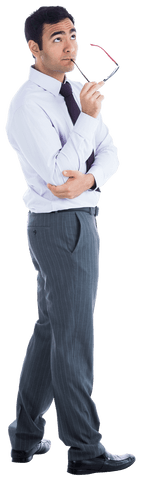 Transparent Businessman Holding Glasses Pondering