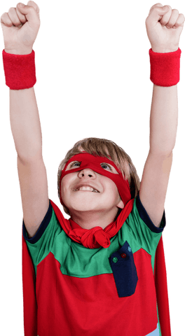 Joyful Child in Transparent Superhero Costume Celebrates