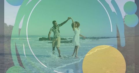 Romantic couple holding hands beach walk with colorful overlay
