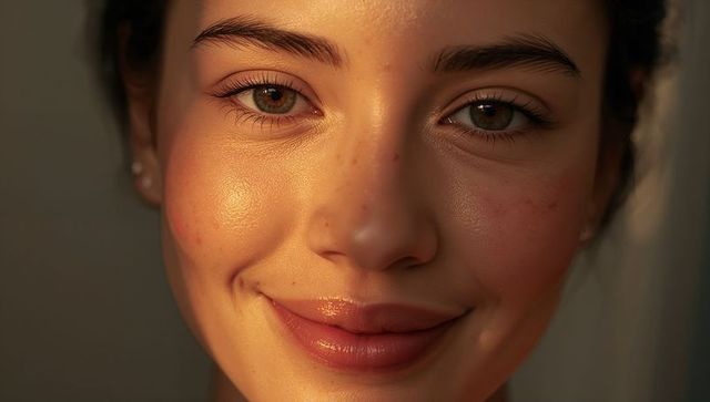 Young woman smiling during golden hour closeup showing freckles natural glow and lip gloss
