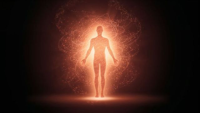 Glowing Human Energy Aura with Luminous Particles and Futuristic Light Halo for Wellness