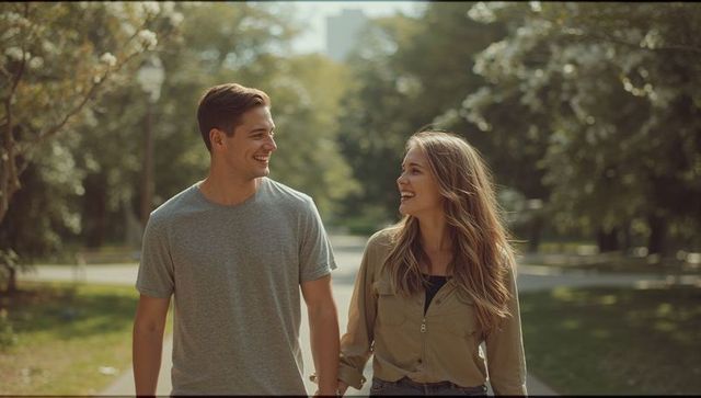 Young couple walking and laughing in sunlit park along tree-lined urban pathway