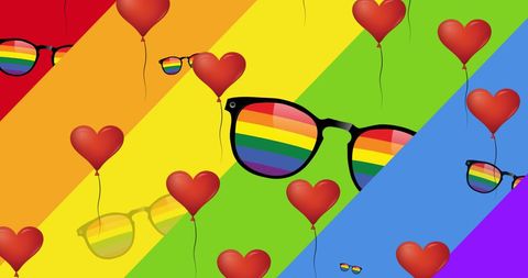 Colorful Rainbow Glasses With Heart Balloons on Pride Background