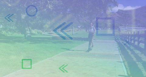 Woman Riding Scooter in Park with Digital Shapes Overlay - Download Free Stock Images Pikwizard.com