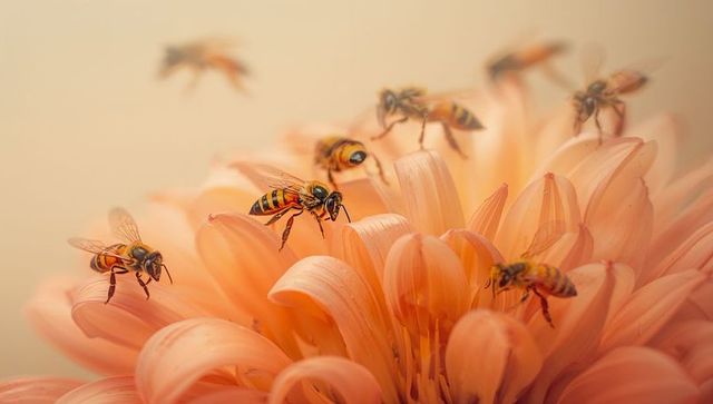 Foraging honeybees clinging and hovering on peach dahlia macro closeup pollen-covered petals