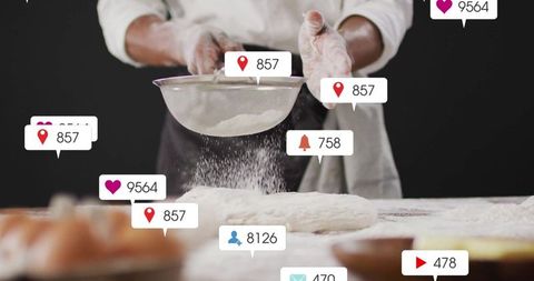 Baker Sifting Flour Amidst Social Media Icons Illustrating Online Engagement
