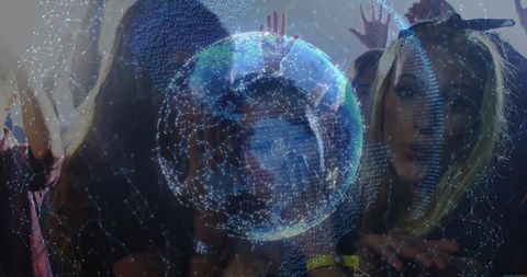 Participants Interacting with Holographic Globe in Futuristic Setting