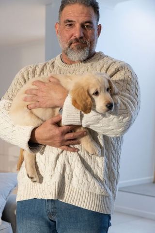 Mature man holding golden retriever puppy wearing cable-knit sweater, cozy home companion