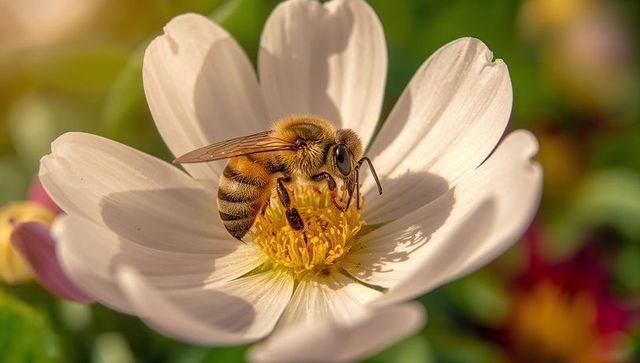 Honey bee gathering pollen on white daisy macro close-up with soft bokeh garden background