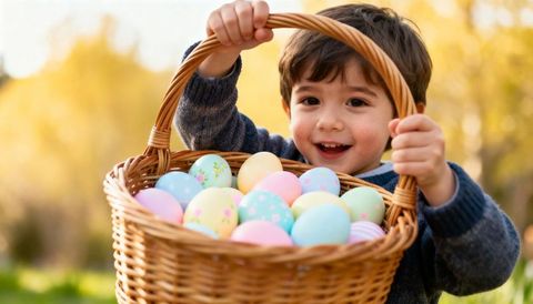 Smiling preschool boy holding wicker basket full of pastel easter eggs in sunny park