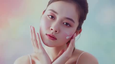 Applying Moisturizer Closeup: Asian Woman Massaging Face Cream for Dewy Glowing Skin Tutorial