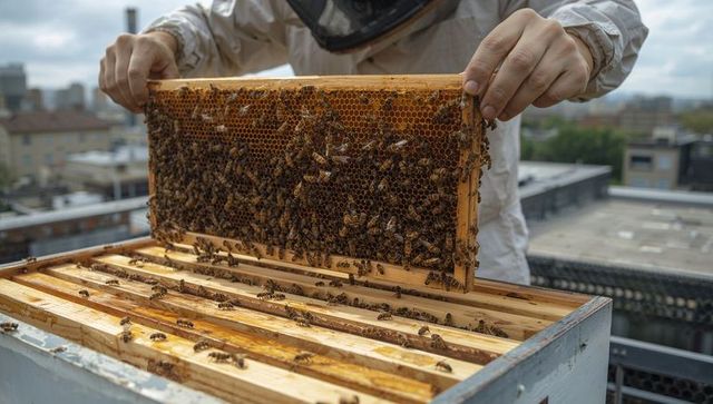 Urban beekeeper inspecting honeycomb frame on rooftop apiary with protective suit
