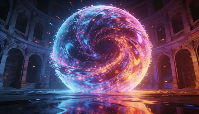 Glowing vortex sphere hovering above marble rotunda casting neon blue-orange reflections